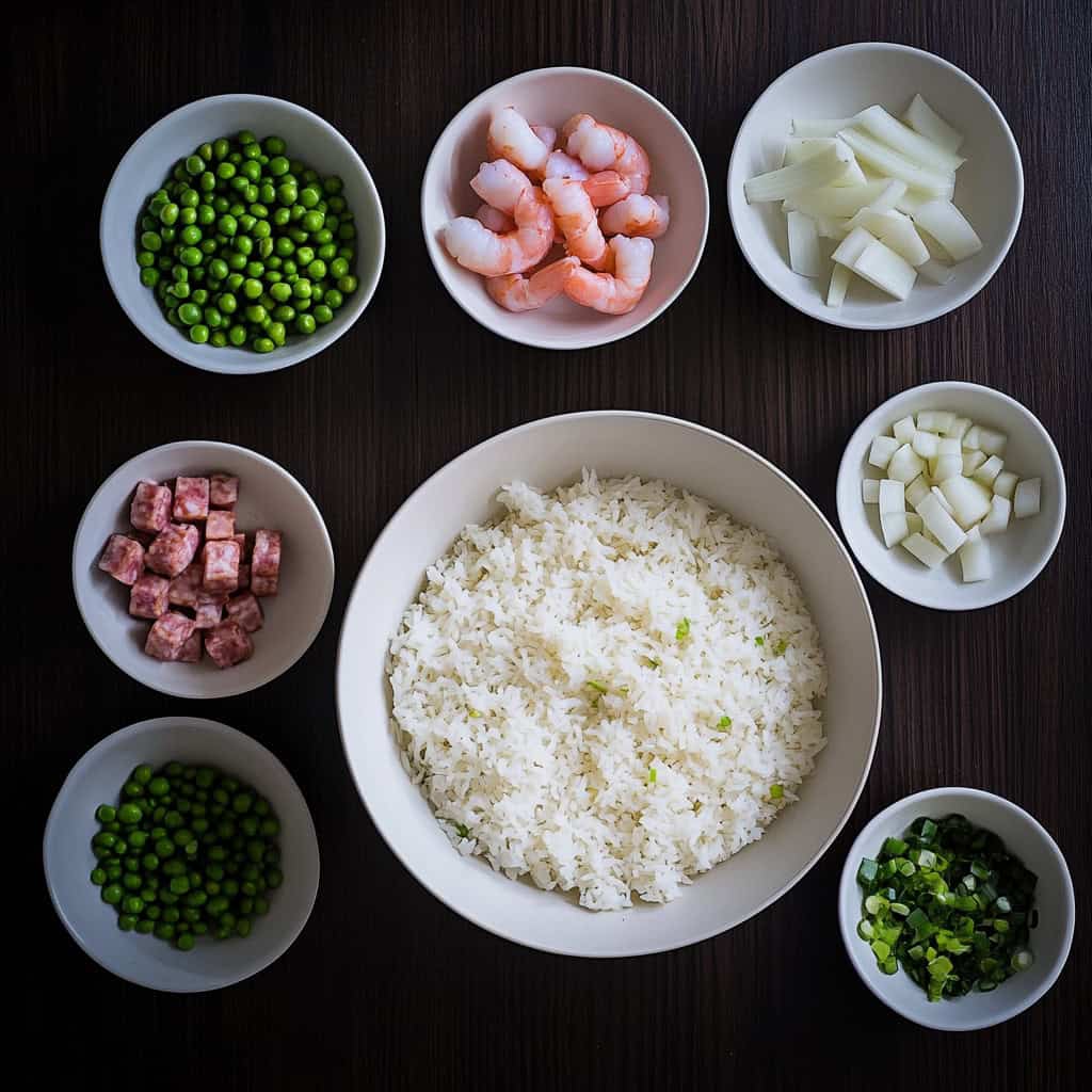 Ingredients for Yang Chow Fried Rice (Yangzhou Chaofan / 扬州炒饭)