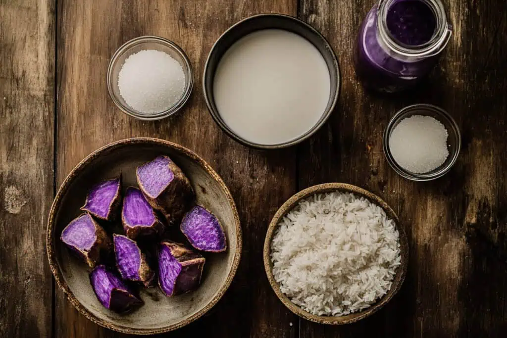 Ingredients for Ube Champorado (Purple Yam Rice Porridge)