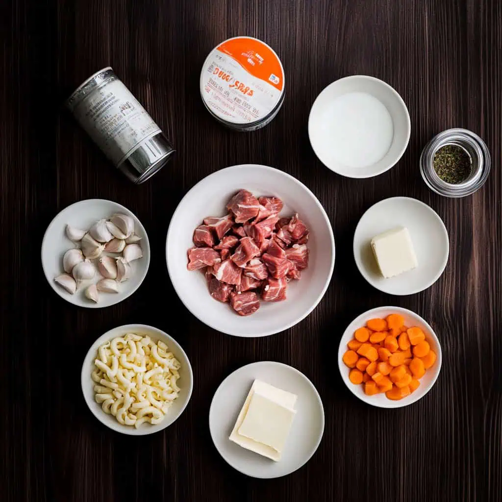 Ingredients for Beef Sopas (Filipino Creamy Beef Macaroni Soup)