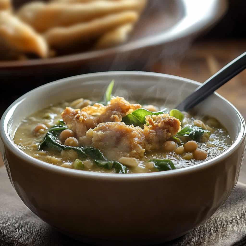 Ginisang Munggo at Chicharon (Filipino Mung Bean Stew with Pork Cracklings)