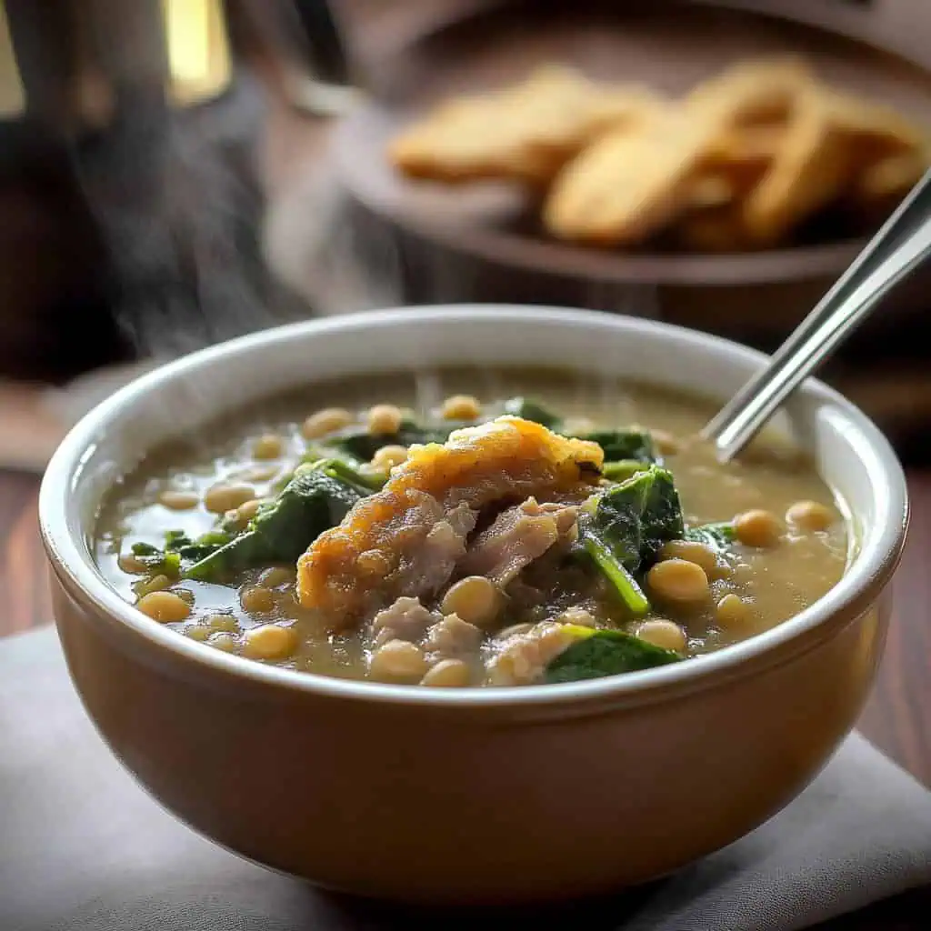 Ginisang Munggo at Chicharon (Filipino Mung Bean Stew with Pork Cracklings)