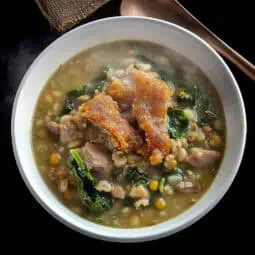 Ginisang Munggo at Chicharon (Filipino Mung Bean Stew with Pork Cracklings)