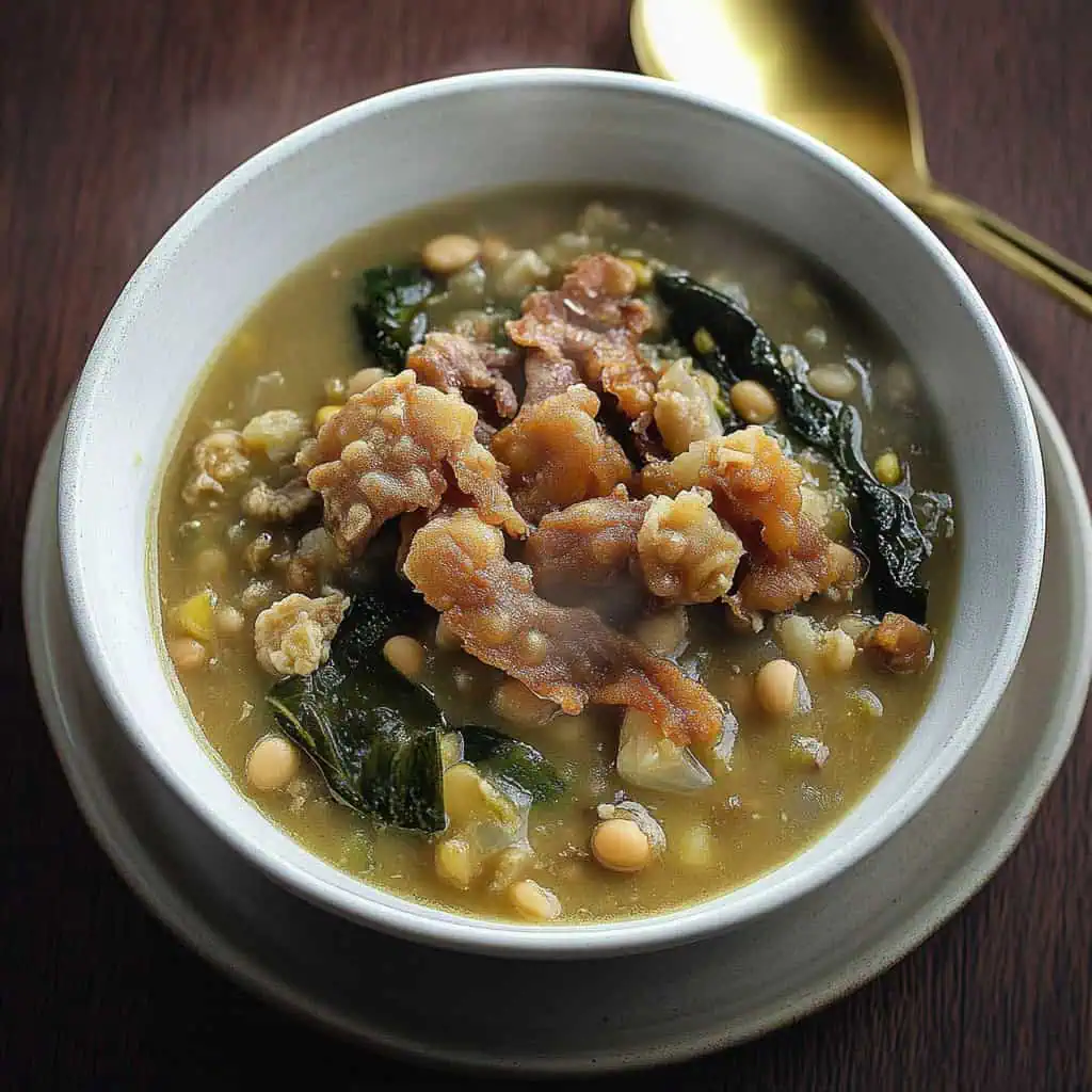Ginisang Munggo at Chicharon (Filipino Mung Bean Stew with Pork Cracklings)