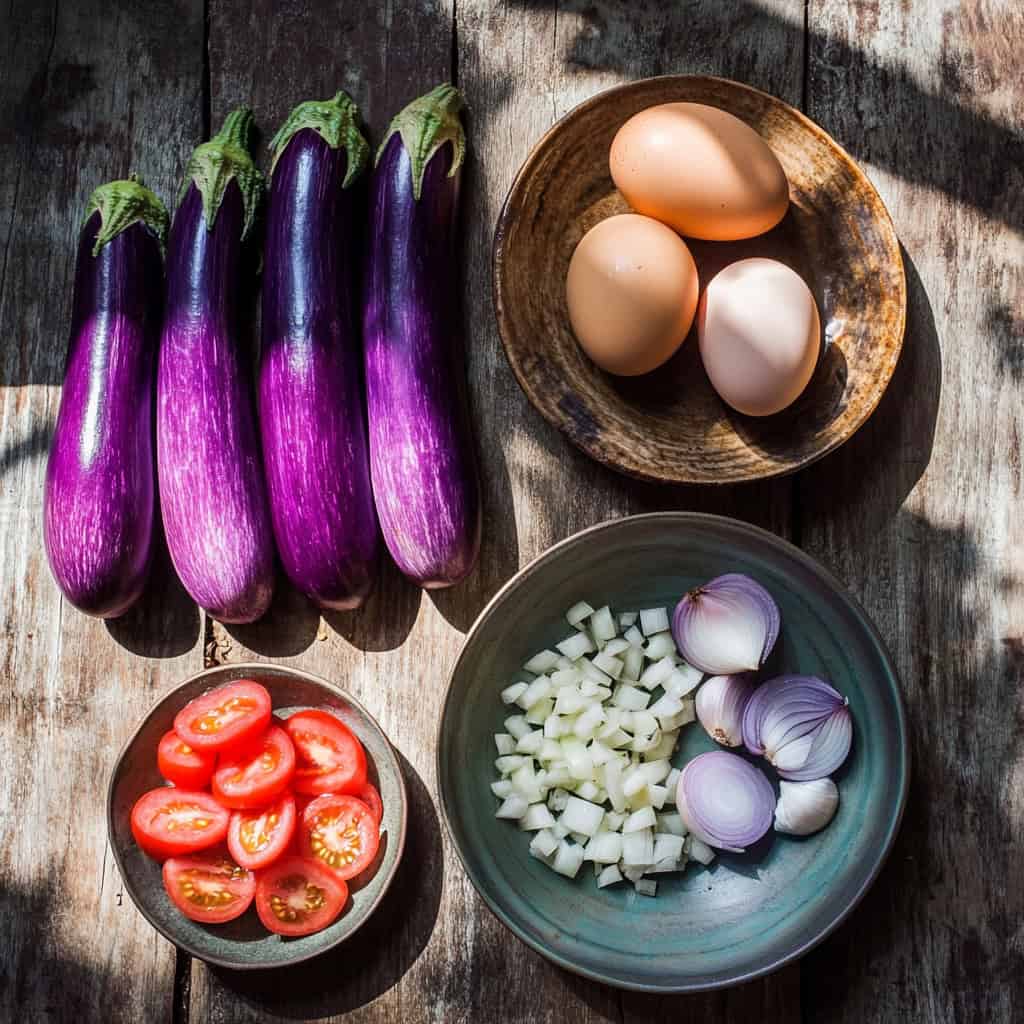 Ingredients for Poki Poki (Ilocano Eggplant and Egg Dish)