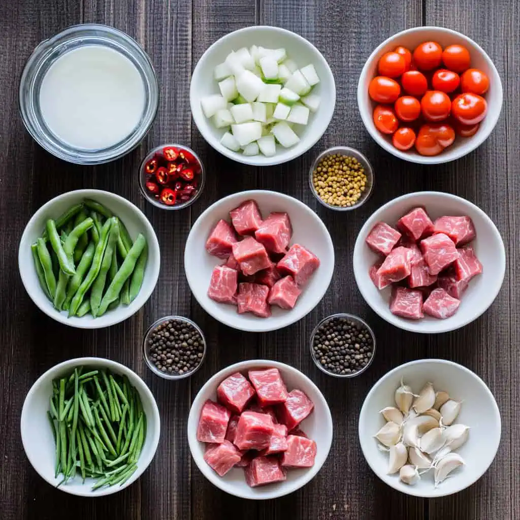 Ingredients for Beef Tinaktak (Chamorro Coconut Beef with Green Beans)