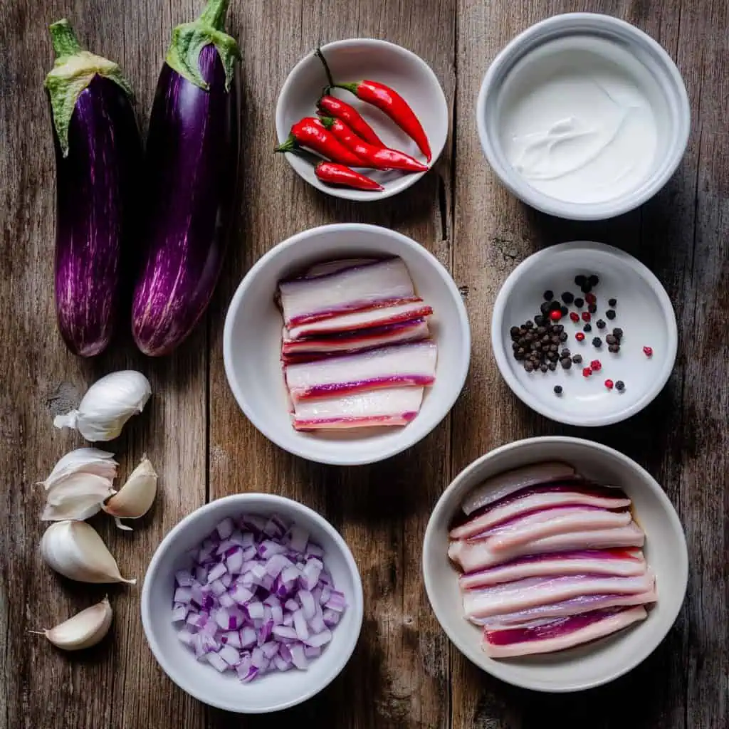 Ingredients for Ginataang Talong Recipe (Eggplant and Pork in Coconut Milk)