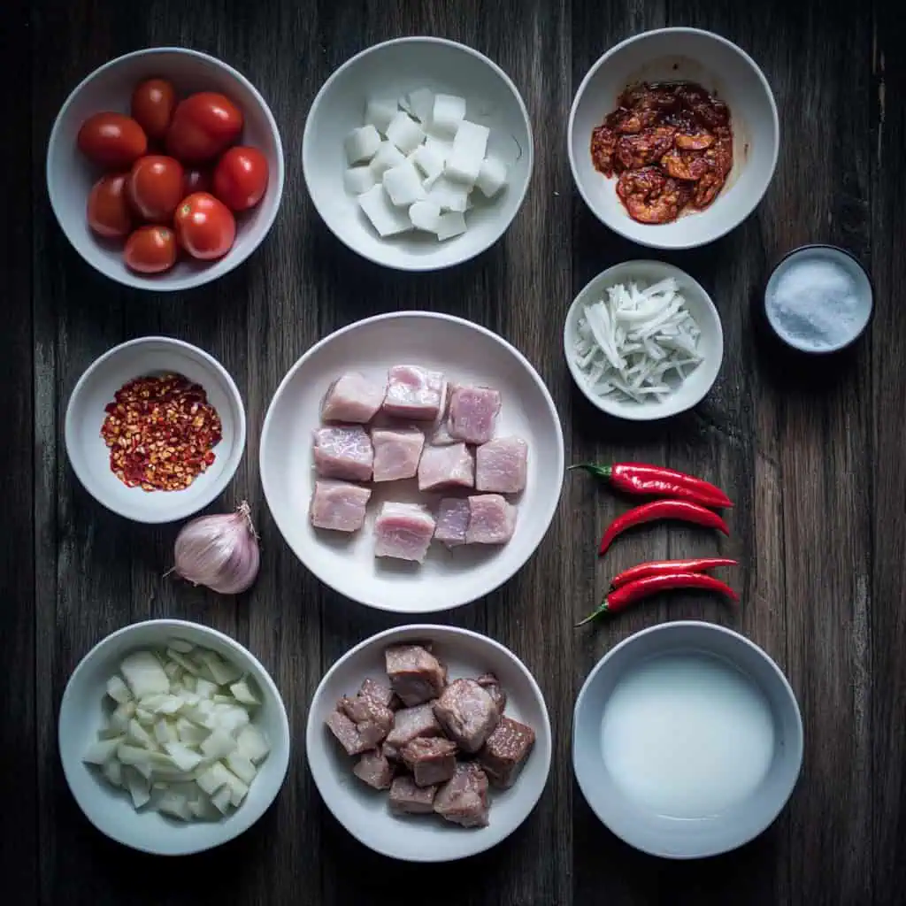 Ingredients for Binagoongan Baboy sa Gata (Pork Belly in Coconut Milk and Shrimp Paste)