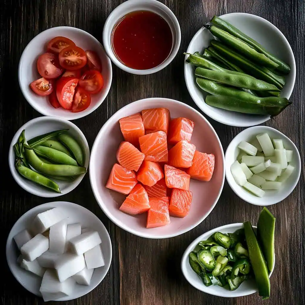 Ingredients for Sinigang na Salmon Belly sa Kamias (Filipino Salmon Sour Soup)