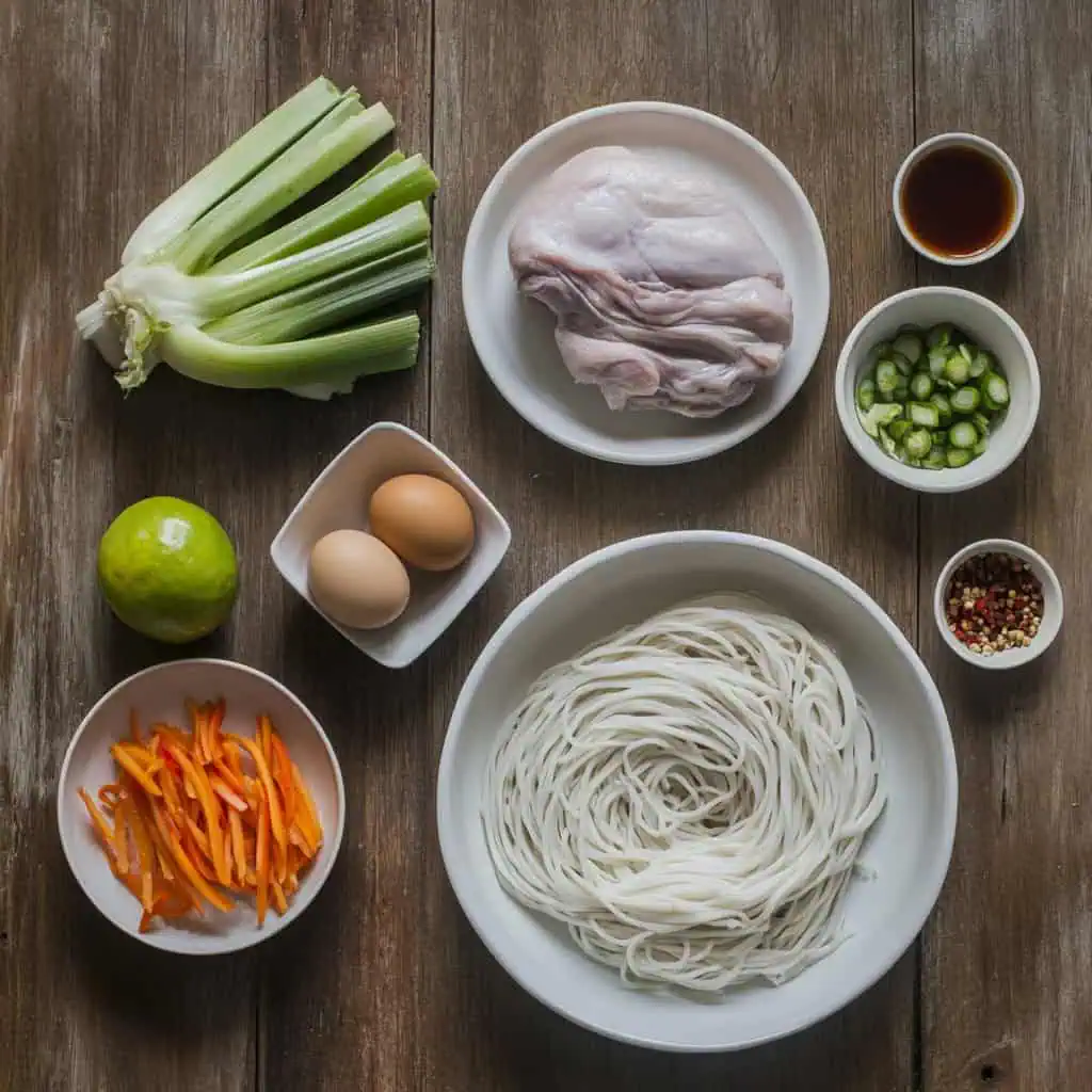 Ingredients for Pancit Sisig (Pancit Bihon with Crispy Pork Sisig)