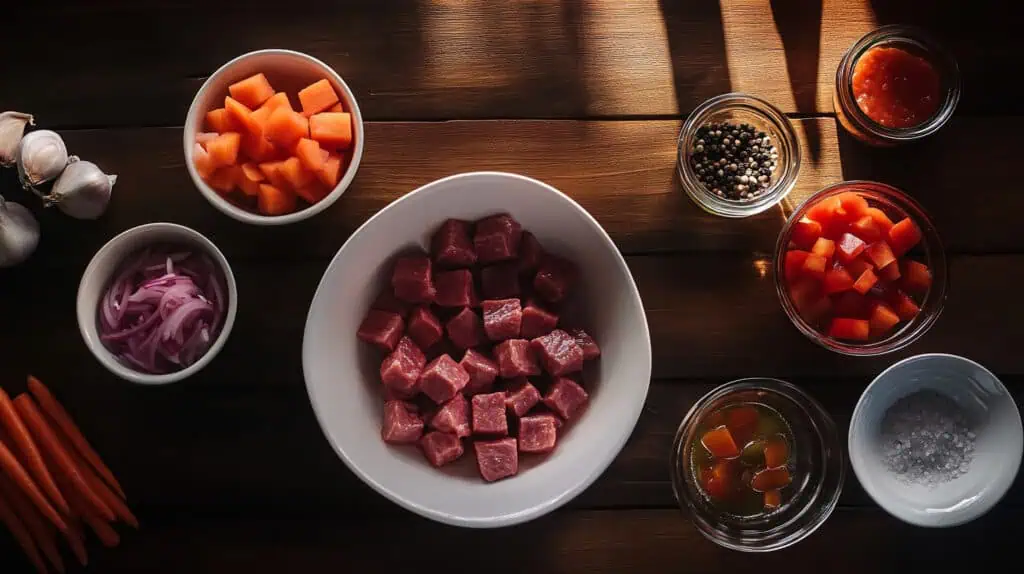 Ingredients for Beef Menudo with Hotdogs (Menudong Baka)