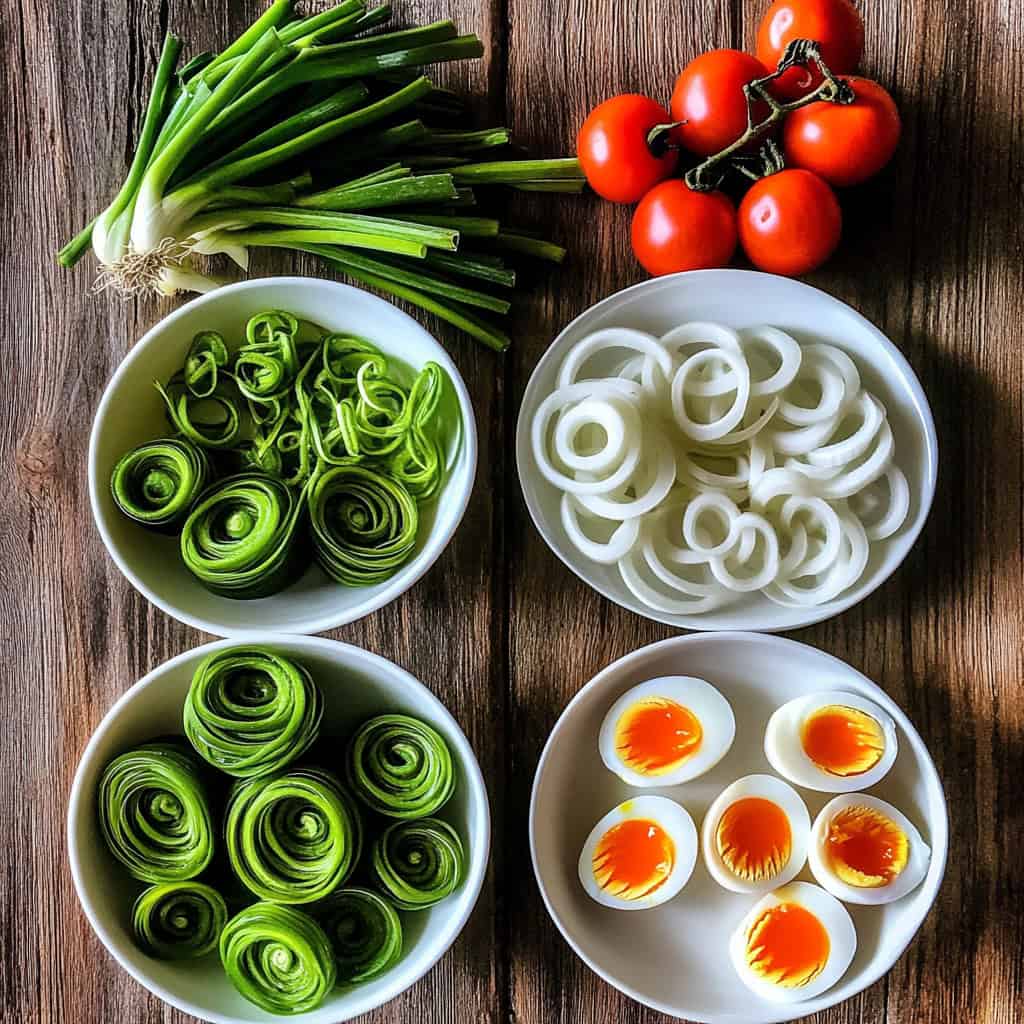 Ingredients for Ensaladang Pako (Filipino Fiddlehead Fern Salad)