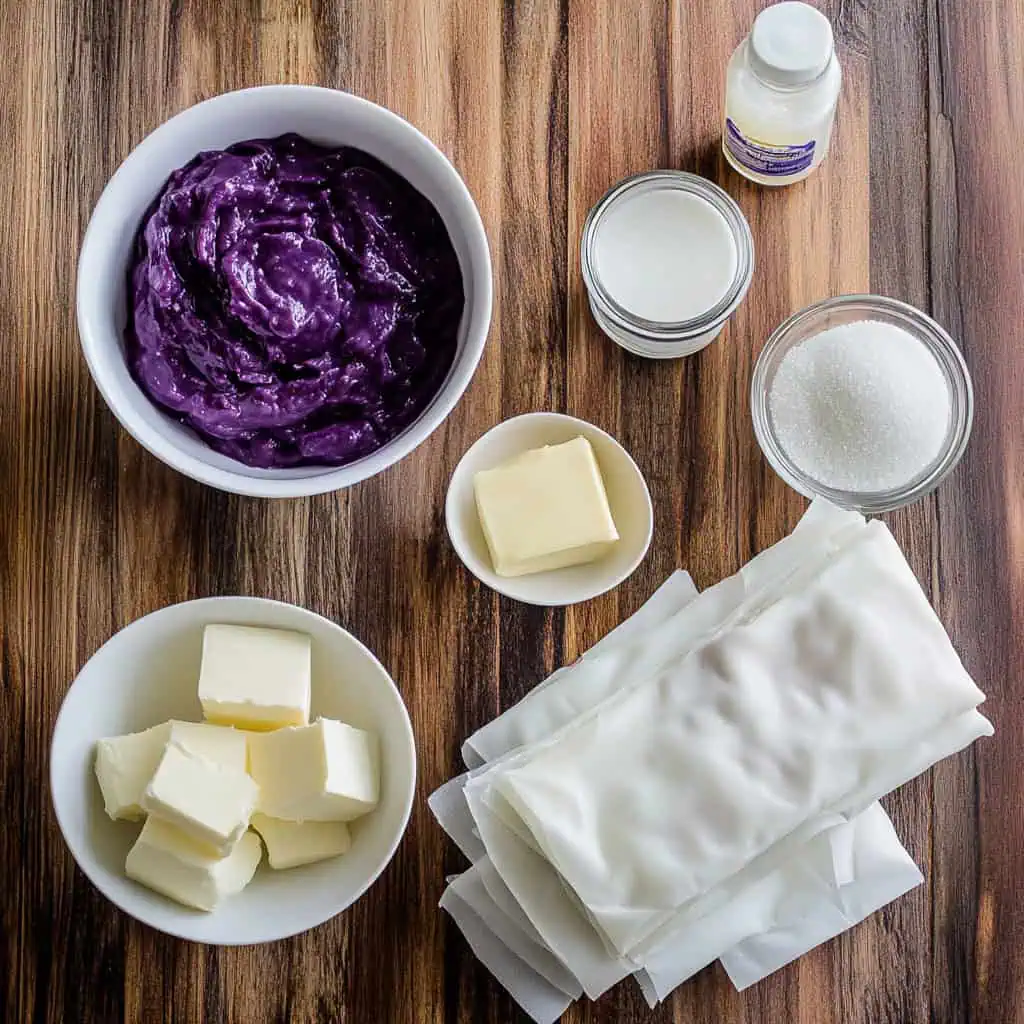 Ingredients for Ube Turon (Filipino Purple Yam Spring Rolls)