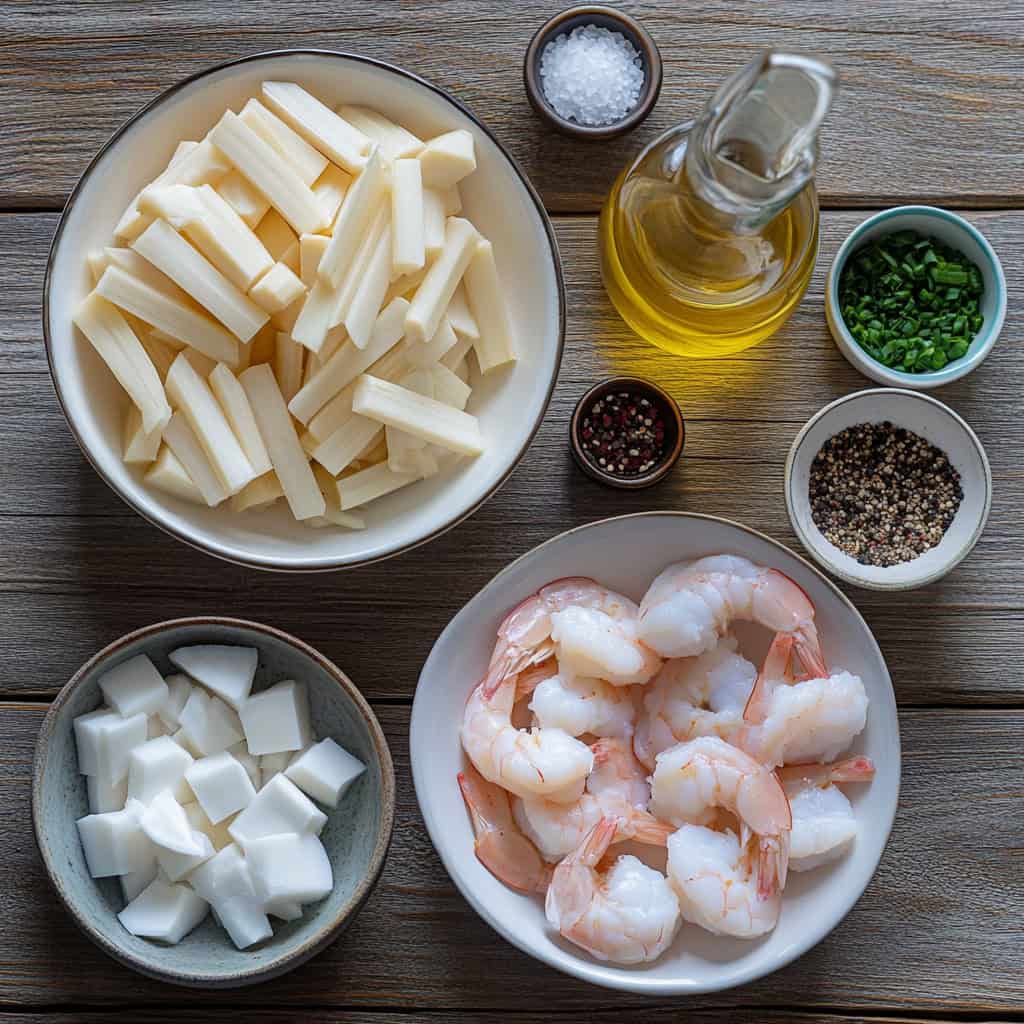 Ingredients for Ginataang Labong at Hipon (Bamboo Shoots and Shrimp in Coconut Milk)