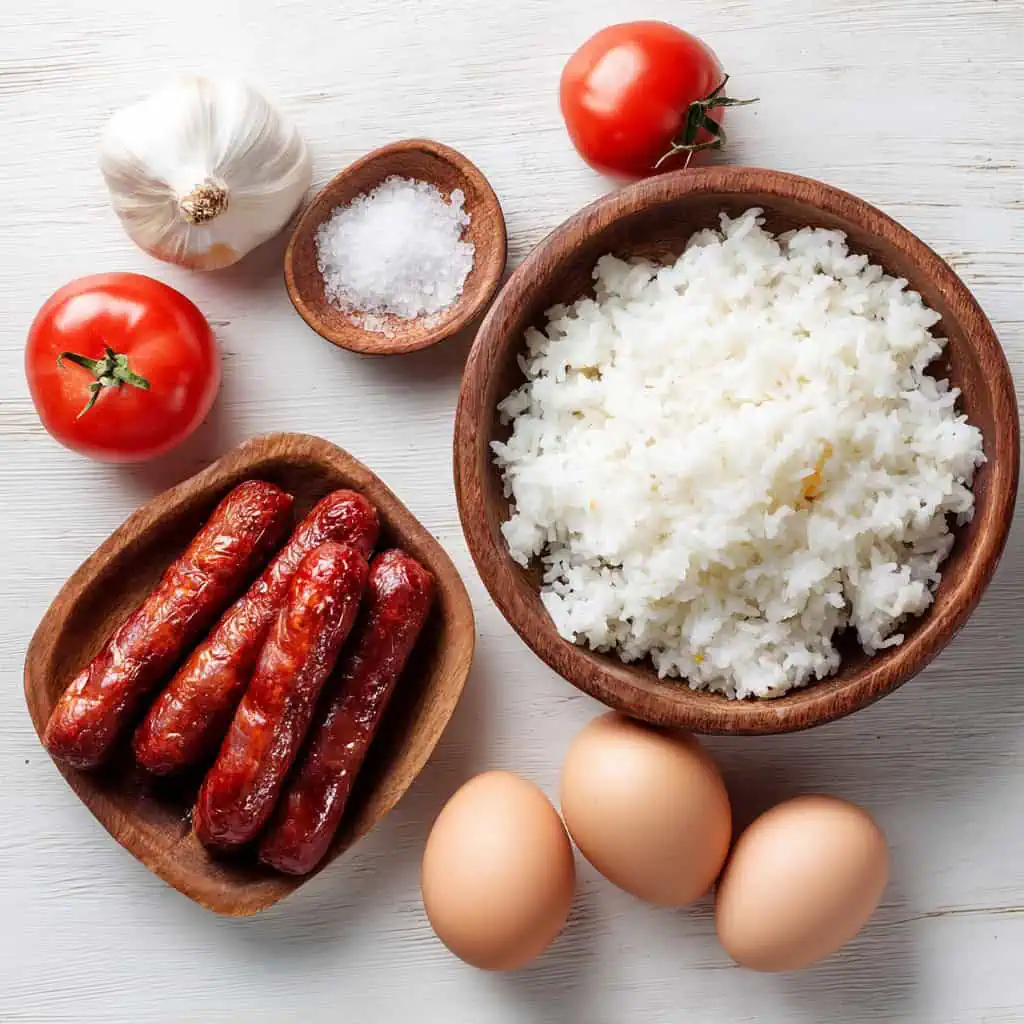 Ingredients for Longsilog (Filipino Sausage with Garlic Rice and Fried Egg)