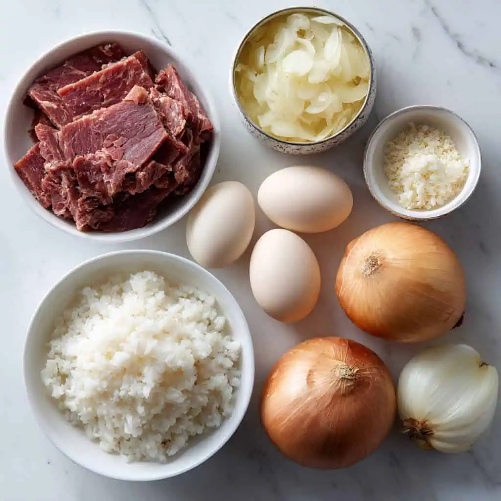 Ingredients for Cornsilog (Corned Beef with Garlic Rice and Fried Egg)